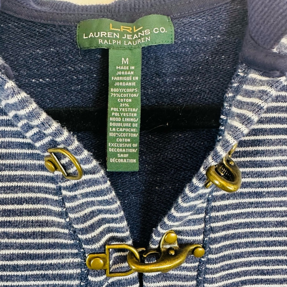 RALPH LAUREN RLR JEANS Hoodie Navy White Stripe L/S Brass Toggles Sz M